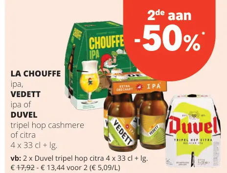 Promotie: LA CHOUFFE ipa, VEDETT ipa of DUVEL