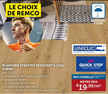 Offre: Sol Stratifié Quick-step Remco - 8mm - Chêne Blonde - Waterproof