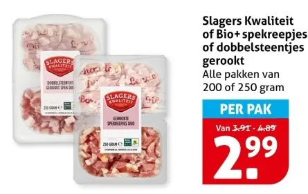 Aanbieding: Slagers Kwaliteit of Bio+ spekreepjes of dobbelsteentjes gerookt