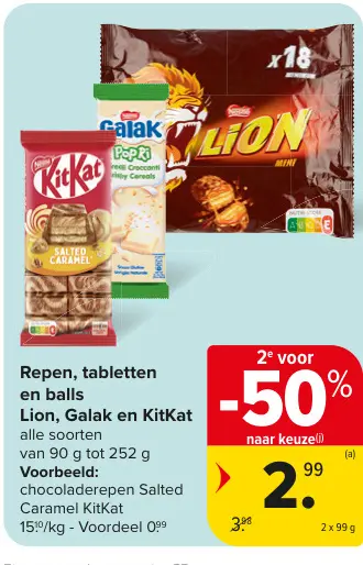 Promotie: Repen, tabletten en balls Lion, Galak en KitK