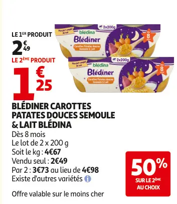 Offre: Blédiner carottes patates douces semoule & lait blédina
