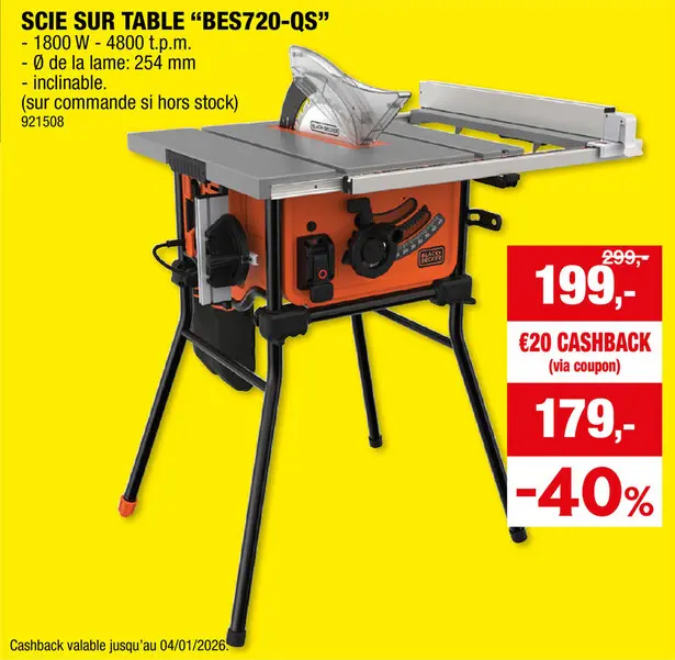 Offre: Black+Decker scie sur table 1800W 250mm