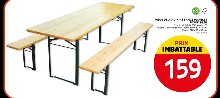 Offre: Table de jardin + 2 bancs pliables wood beer