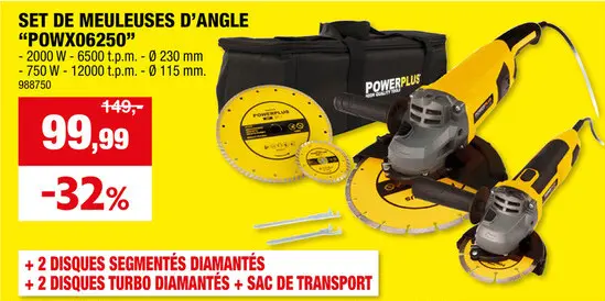 Offre: Powerplus POWX06250 meuleuse d'angle 2000W 230mm + 750W 115mm