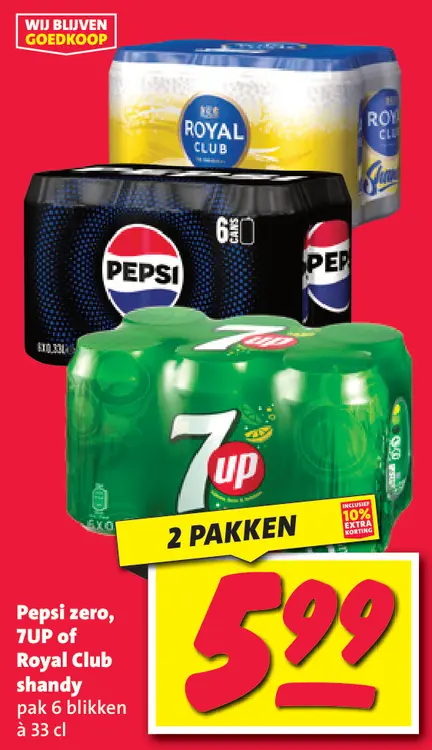 Aanbieding: Pepsi zero, 7UP or Royal Club shandy