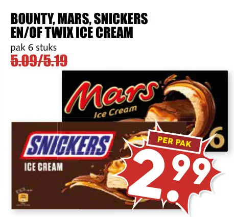 Aanbieding: Bounty, MARS, SNICKERS en/of TWIX ice cream