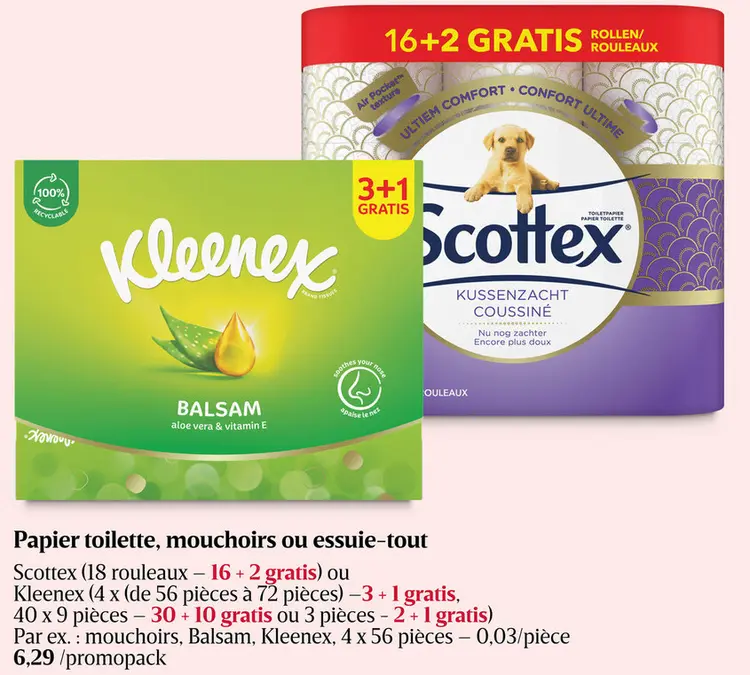 Offre: Papier toilette, mouchoirs ou essuie-tout