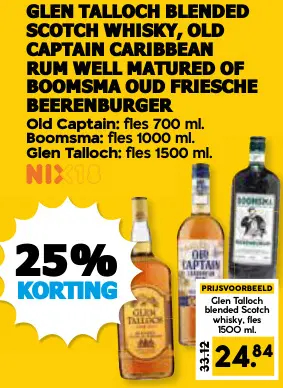 Aanbieding: Glen talloch blended scotch whisky, Old Captain Caribbean rum well matured of Boomsma Oud Friesche Beerenburger
