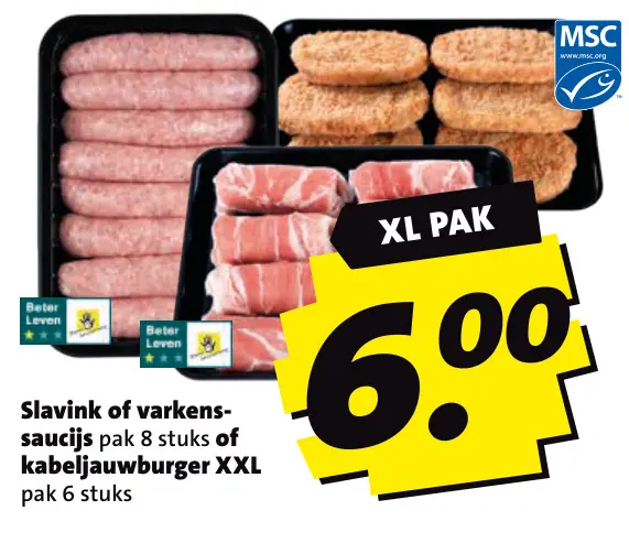 Aanbieding: Slavink of varkenssaucijs of kabeljauwburger XXL