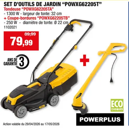 Offre: Powerplus POWXG62205T tondeuse électrique 1300W 32cm + coupe-bordures électrique 250W 22cm
