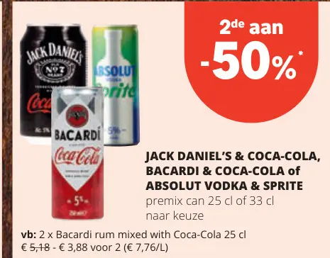 Promotie: Jack Daniel's & Coca Cola, Bacardi & Coca Cola of Absolut Vodka & Sprite