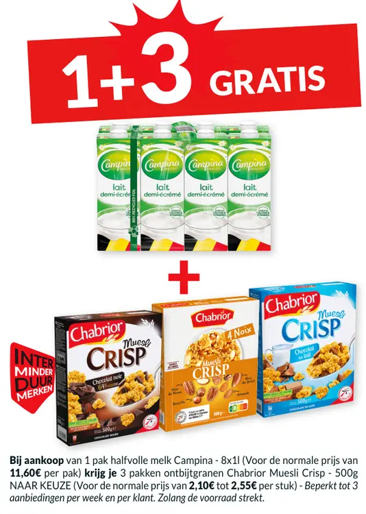 Promotie: Campina halfvolle melk + Chabrior Muesli Crisp