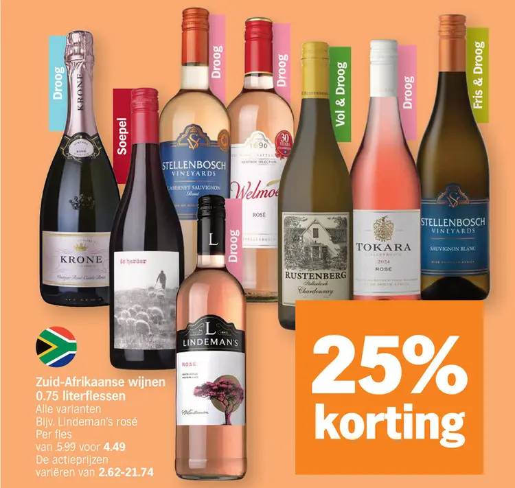 Promotie: Zuid-Afrikaanse wijnen 0.75 literflessen