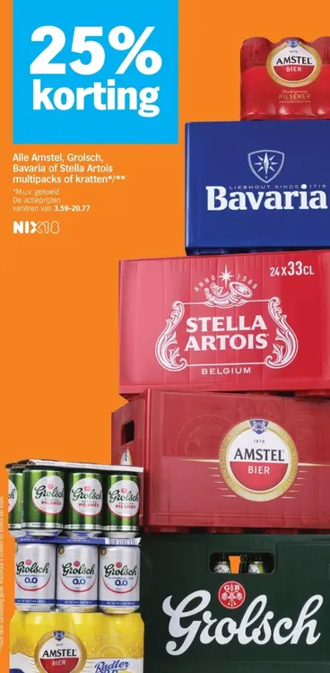 Aanbieding: Amstel, Grolsch, Bavaria or Stella Artois