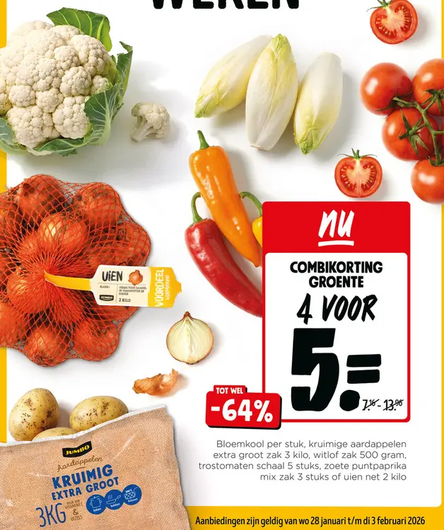 Aanbieding: Bloemkool, kruimige aardappelen, witlof, trostomaten, zoete puntpaprika's