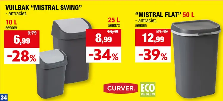 Promotie: Curver Mistral Flat vuilbak 50l antraciet