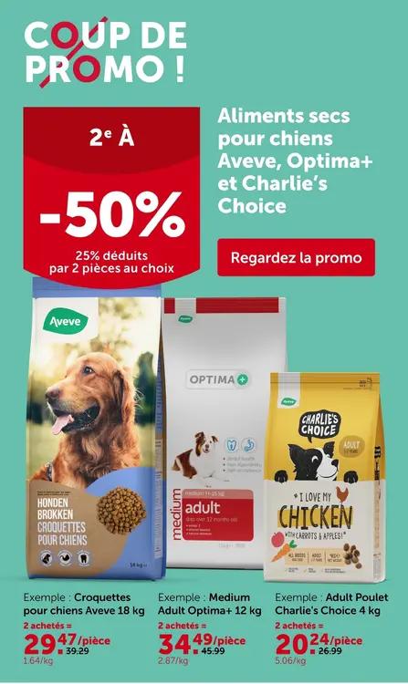 Offre: Aliments secs pour chiens Aveve, Optima's en Charlie's Choice