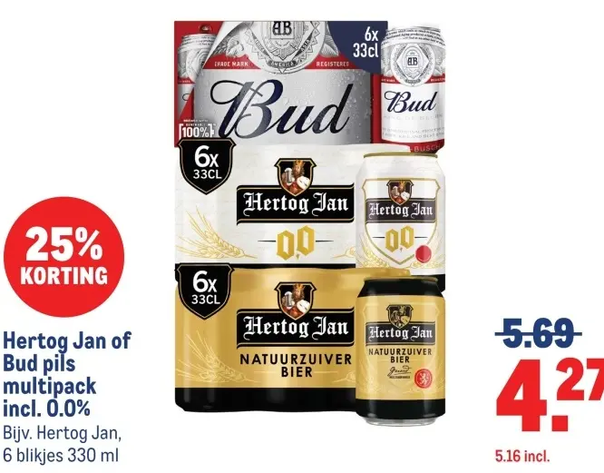 Aanbieding: Hertog Jan of Bud pils multipack incl. 0.0%