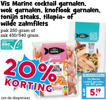 Aanbieding: Cocktail garnalen, wok garnalen, knoflook garnalen, tonijn steaks, tilapia- of wilde zalmfilets