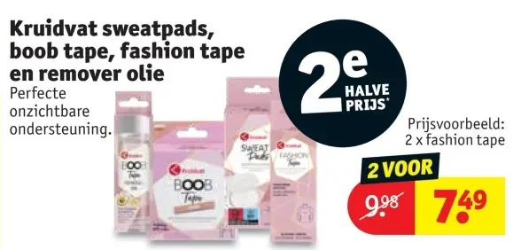 Promotie: sweatpads, boob tape, fashion tape en remover olie