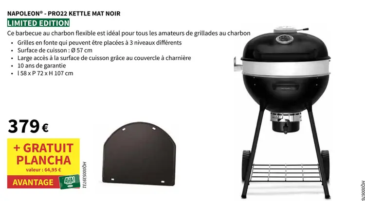 Offre: Napoleon - Pro22 Kettle mat noir + gratuit plancha