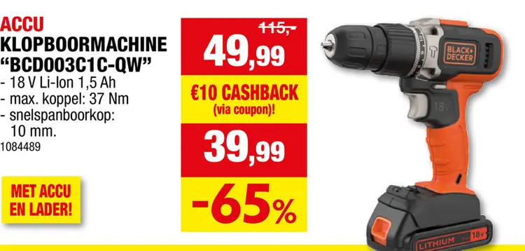 Promotie: Black+Decker BCD003C1C-QW accu klopboorschroefmachine 18V Li-Ion + lader