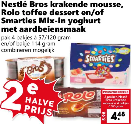 Aanbieding: Bros krakende mousse, Rolo toffee dessert en/of Smarties Mix-in yoghurt met aardbeiensmaak