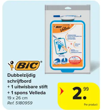 Promotie: Dubbelzijdig schrijfbord + 1 uitwisbare stift + 1 spons Velleda