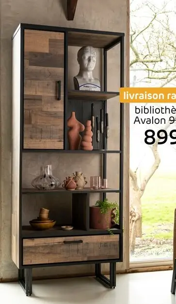 Offre: Avalon, bibliotheque 80 cm - 1-porte + 1-tiroir + 5-niches - Driftwood