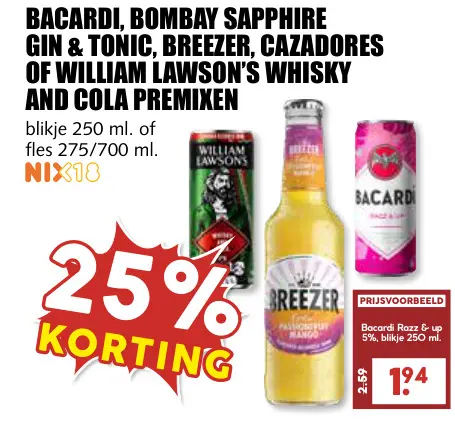Aanbieding: Bacardi, Bombay Sapphire Gin & Tonic, Breezer, Cazadores of William Lawson's whisky and cola premixen