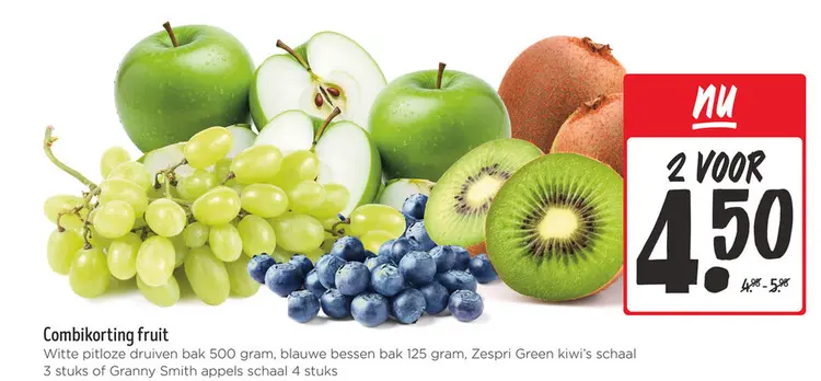 Aanbieding: Witte pitloze druiven, blauwe bessen, Zespri Kiwi green of Granny Smith