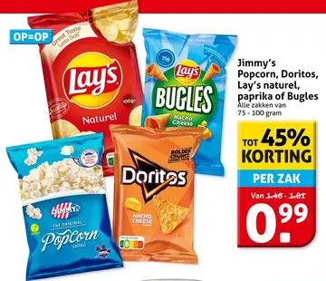 Aanbieding: Jimmy's Popcorn, Doritos, Lay's naturel, paprika of Bugles