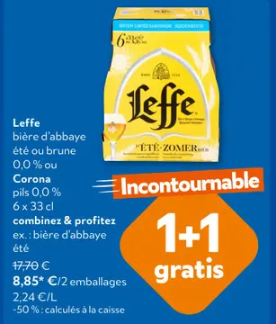 Offre: Leffe bière d'abbaye été ou brune 0,0% ou Corona