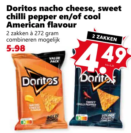 Aanbieding: Doritos nacho cheese, sweet chilli pepper en/of cool American flavour