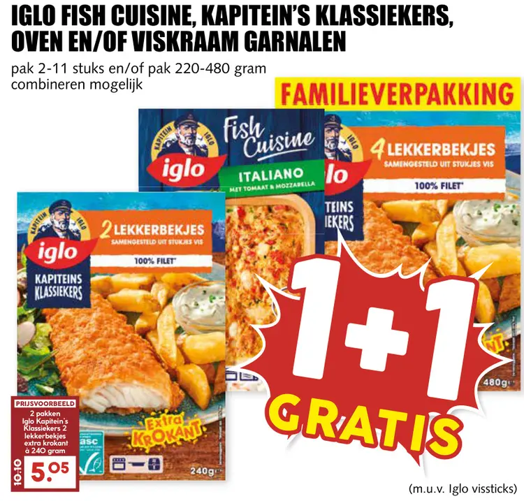 Aanbieding: Iglo fish cuisine, kapitein's klassiekers, oven en/of viskraam garnalen