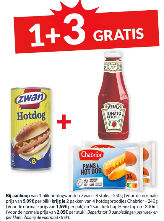 Promotie: Hotdogworsten Zwan, hotdogbroodjes Chabrior en ketchup