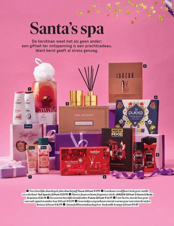 Aanbieding: Giftsets van Dove, Ted Sparks, JANZEN, Pukka, Bolsius, Axe of Kneipp