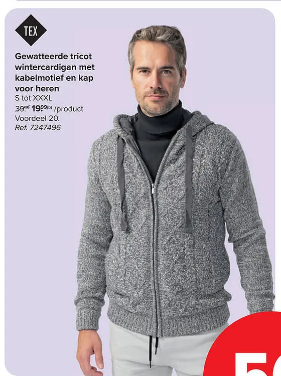 Aanbieding: Gewatteerde tricot wintercardigan met kabelmotief en kap voor heren