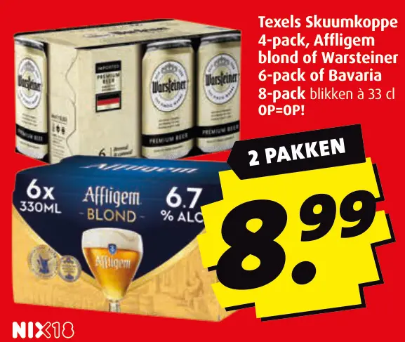 Aanbieding: Texels Skuumkoppe, Affligem blond or Warsteiner of Bavaria