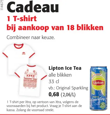 Promotie: T-shirt Cadeau bij 18 blikken Lipton Ice Tea