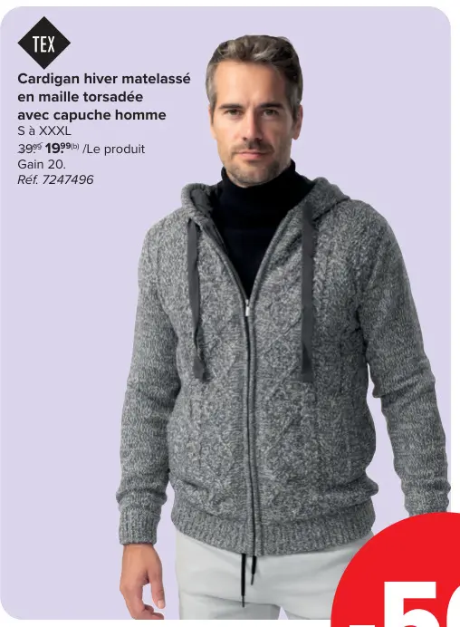 Offre: Cardigan hiver matelassé en maille torsadée avec capuche homme