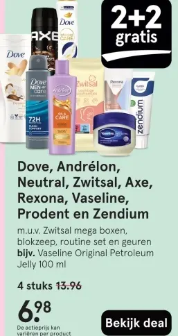 Aanbieding: Dove, Andrélon, Neutral, Zwitsal, Axe, Rexona, Vaseline, Prodcent en Zendium