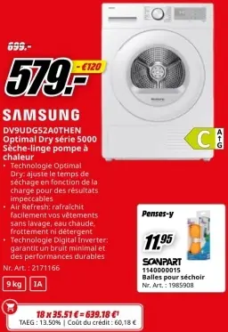 Offre: SAMSUNG Optimal Dry série 5000 Sèche-linge pompe