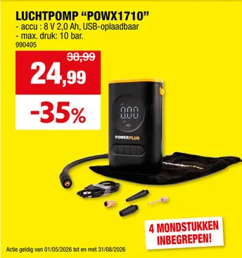 Promotie: Powerplus POWX1710 luchtpomp 8V + 4 mondstukken