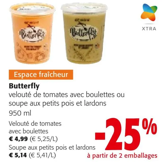 Offre: Velouté de tomates avec boulettes ou soupe aux petits pois et lardons