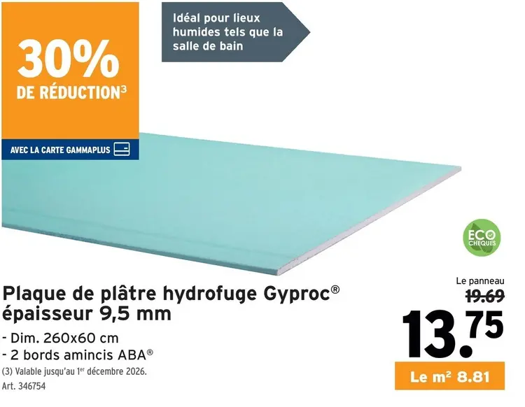 Offre: Plaque de plâtre hydrofuge