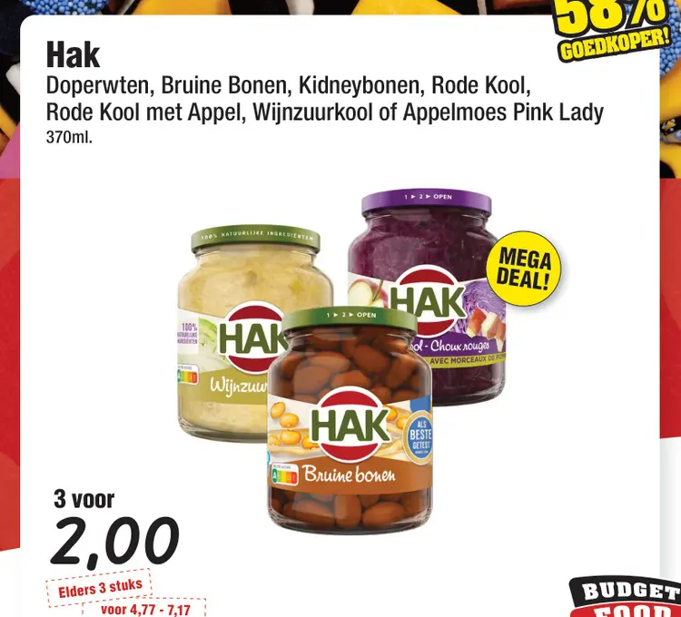 Aanbieding: Doperwten, Bruine bonen, Kidneybonen, Rode Kool met Appel, Wijnzuurkool of Appelmoes pink lady