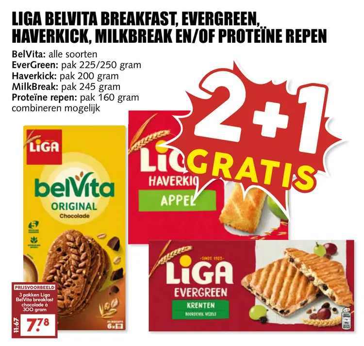 Aanbieding: Liga BelVita breakfast, evergreen, haverkick, milkbreak en/of protëine repen