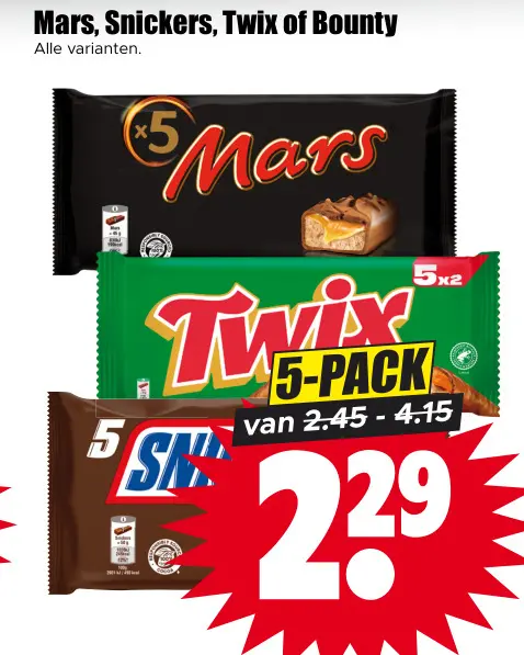 Aanbieding: Mars, Snickers, Twix of Bounty