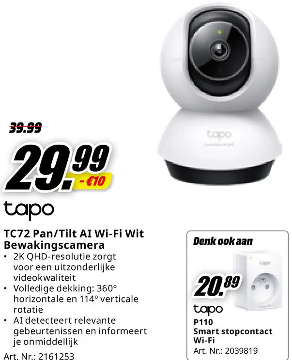 Promotie: TC72 Pan/Tilt AI Wi-Fi Wit Bewakingscamera
